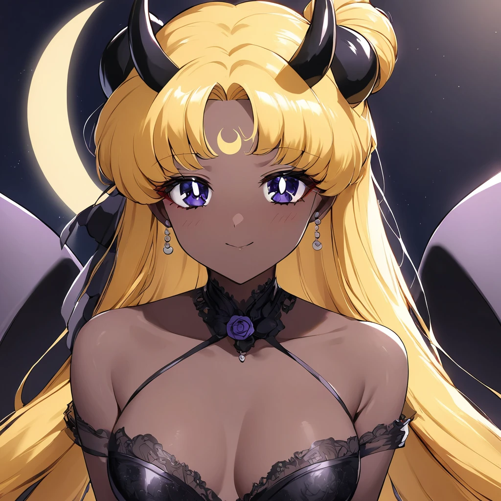 ((Highest quality)), ((masterpiece)), (detailed), （Perfect Face）、The woman is the Dark Queen of the Black Moon of the Black Moon Clan, the Demon Queen Black Serenity, and the woman is the sexy, jet-black-skinned demon princess Serenity.、The woman is a jet-black female demon with magnificent devil horns, jet-black devil wings, and a jet-black tail. Her skin is jet-black and she has a black inverted crescent moon mark on her forehead. She is a demon bride wearing a see-through Gothic Victorian wedding dress that shows off her gorgeous black skin, and a black wedding veil. She is the jet-black demon Princess Serenity, and has blonde hair with a happy expression as she looks at the camera.２The expression of a girl in love with her long hair tied up、Woman is Black Serenity、Punishment pose on behalf of the moon