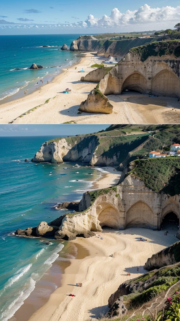 The idyllic Praia da Adraga, a stunning beach near Sintra known for its dramatic cliffs, golden sands, and crystal-clear waters, providing a perfect backdrop for a relaxing and scenic coastal escape.
