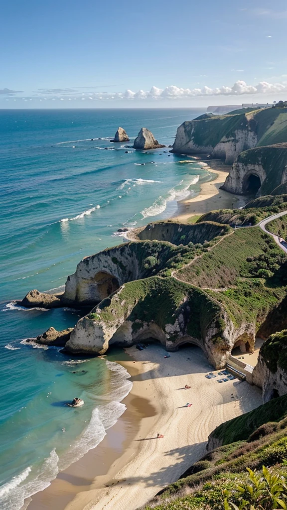 The idyllic Praia da Adraga, a stunning beach near Sintra known for its dramatic cliffs, golden sands, and crystal-clear waters, providing a perfect backdrop for a relaxing and scenic coastal escape.