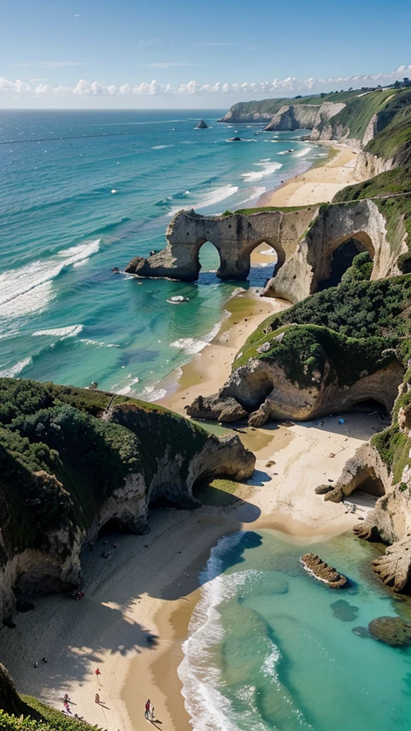 The idyllic Praia da Adraga, a stunning beach near Sintra known for its dramatic cliffs, golden sands, and crystal-clear waters, providing a perfect backdrop for a relaxing and scenic coastal escape.