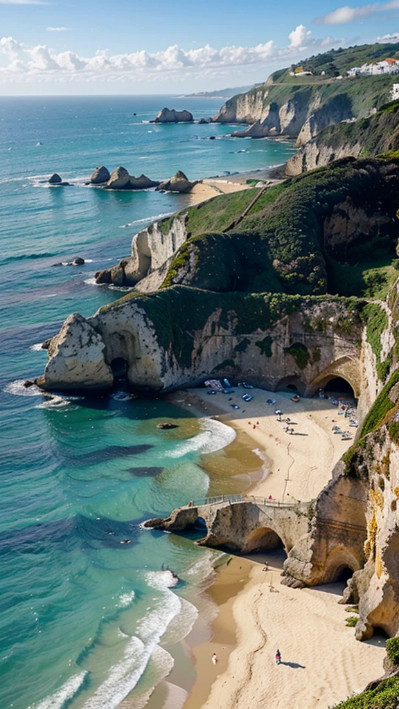 The idyllic Praia da Adraga, a stunning beach near Sintra known for its dramatic cliffs, golden sands, and crystal-clear waters, providing a perfect backdrop for a relaxing and scenic coastal escape.