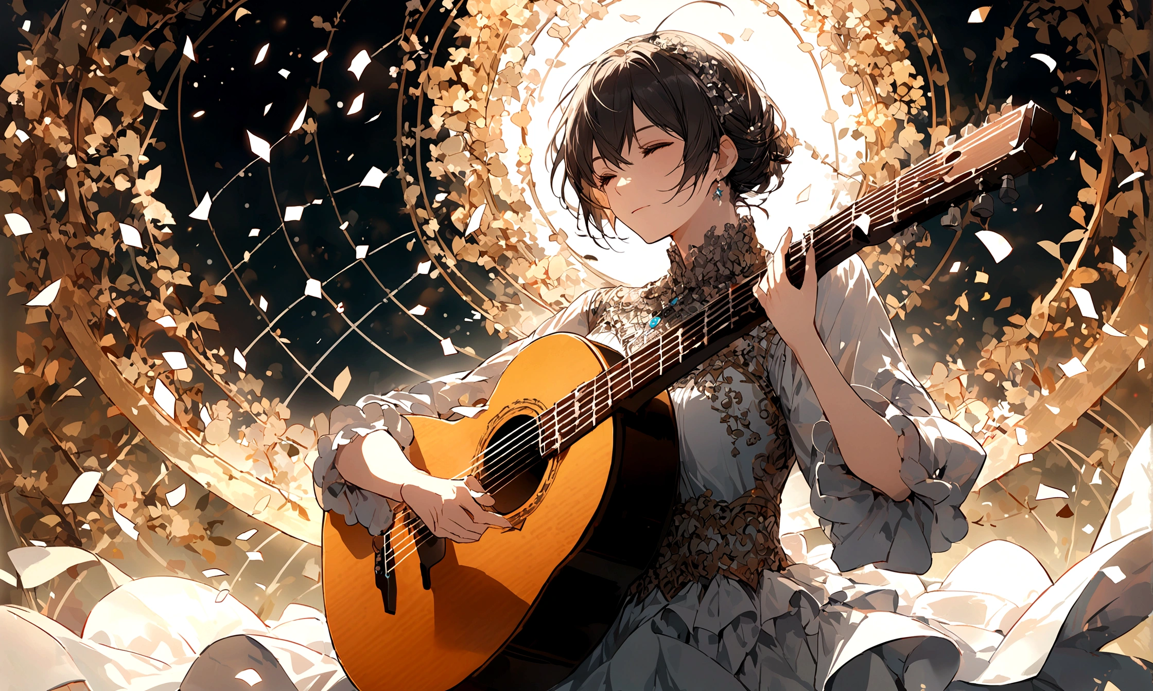 Draw a music festival poster,There is a semi-acoustic guitar,Musical note elements