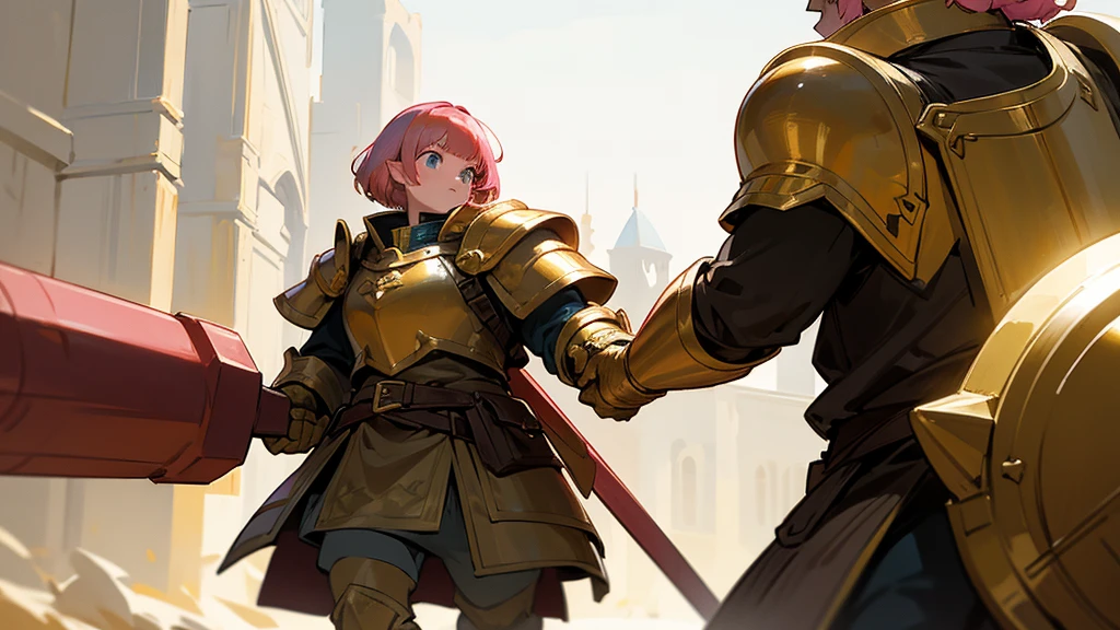 Large and strong soldier, covered in golden armor, with his head out, short hair with red bangs, holding a giant hammer and a shield, walking hand in hand with a 6 year old dwarf girl, with pink hair and ears elf