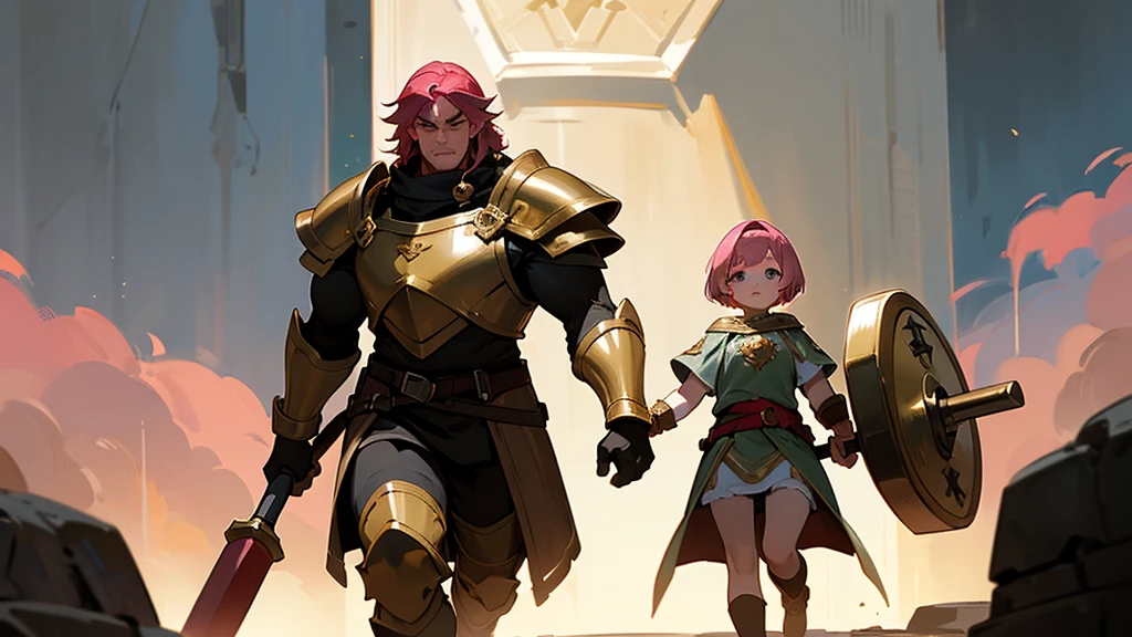 A man in ornate costume with a bow on his back and an orc in heavy armor and a wizard in ornate robes stand in the temple，