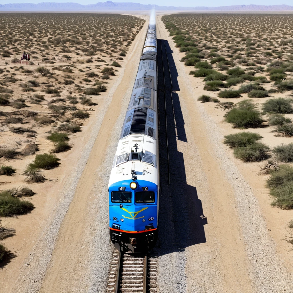 Un relej deretido, in the desert, and a train crossing behind
