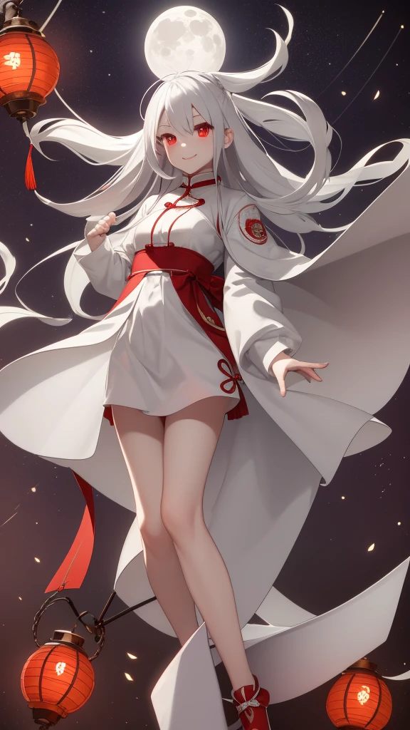 1 girl, silver hair, red eyes, white skin, smile, long hair, floating in the air, short jacket, short skirt, holding a lantern, Chinese lantern, night, moon