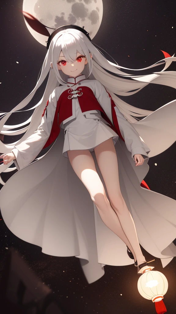 1 girl, silver hair, red eyes, white skin, smile, long hair, floating in the air, short jacket, short skirt, holding a lantern, Chinese lantern, night, moon