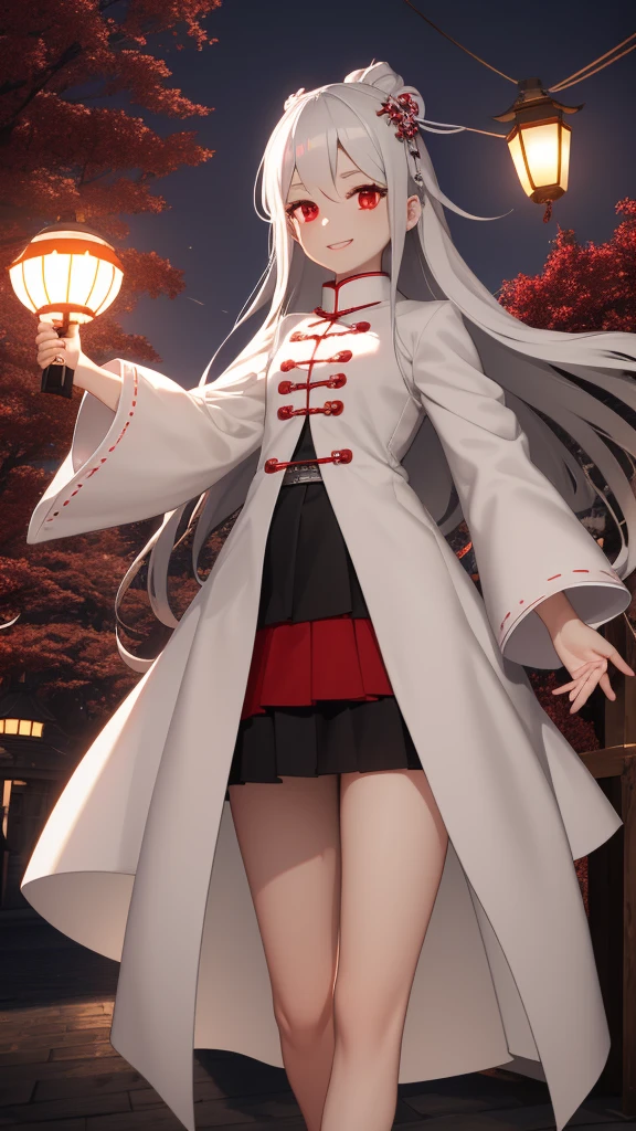 1 girl, silver hair, red eyes, white skin, smile, long hair, floating in the air, short jacket, short skirt, holding a lantern, Chinese lantern, night, moon