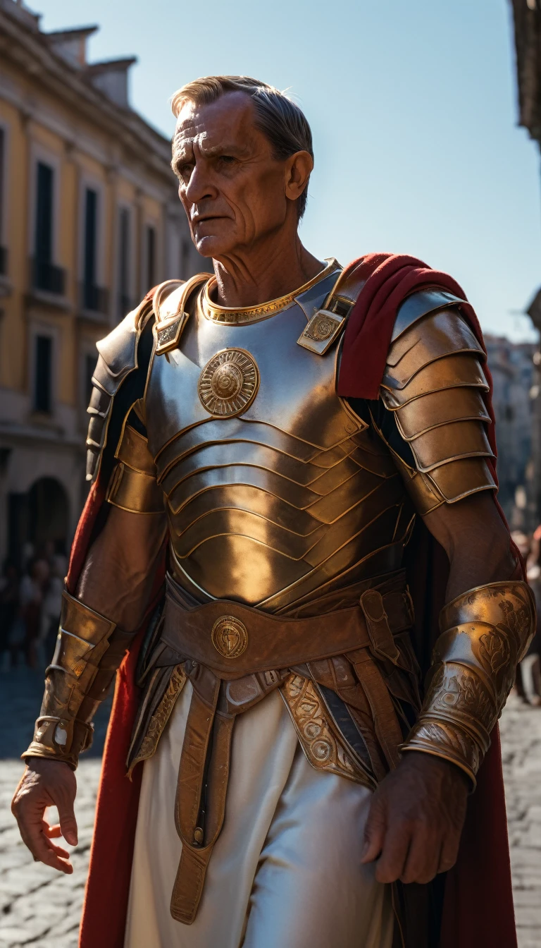 As the sun began to set, The warm golden color of the sun shone on his clothes, Produce an image depicting the moment when Julius Caesar uttered his last words, 'Et tu, Brute, background dark, hyper realistic, ultra detailed hyper realistic, photorealistic, Studio Lighting, reflections, dynamic pose, Cinematic, Color Grading, Photography, Shot on 50mm lens, Ultra-Wide Angle, Depth of Field, hyper-detailed, beautifully color, 8k, golden light from the front,