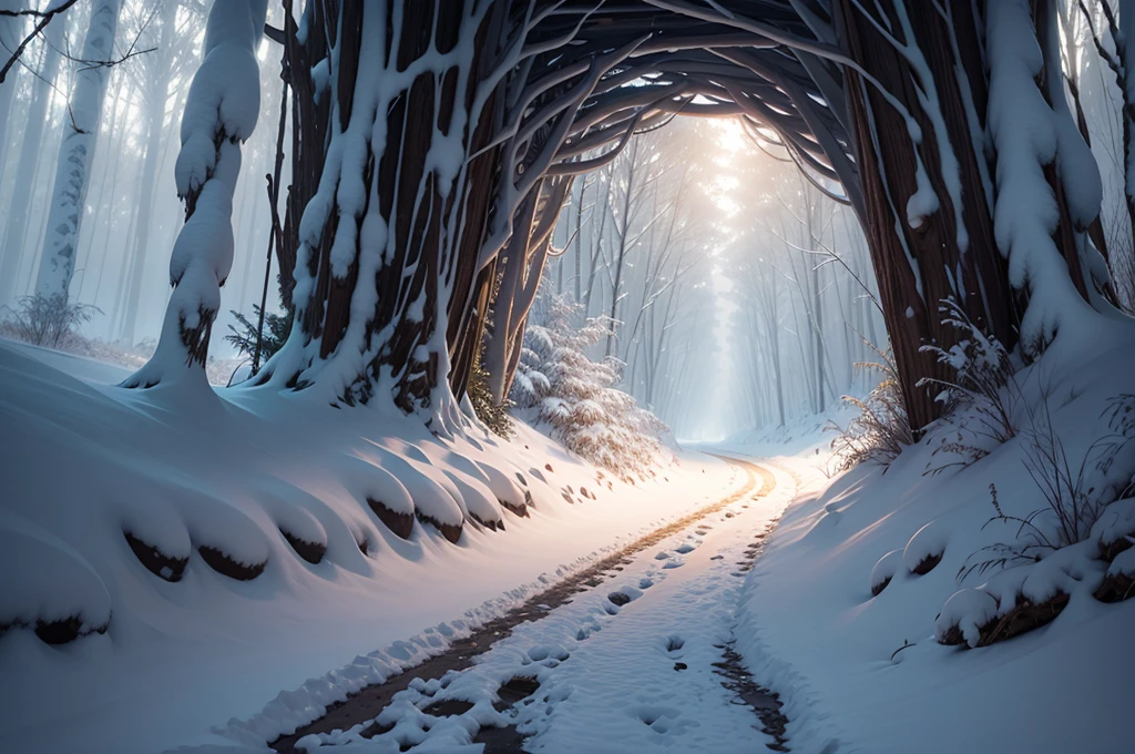 a path through the jungle covered in snow, soft light