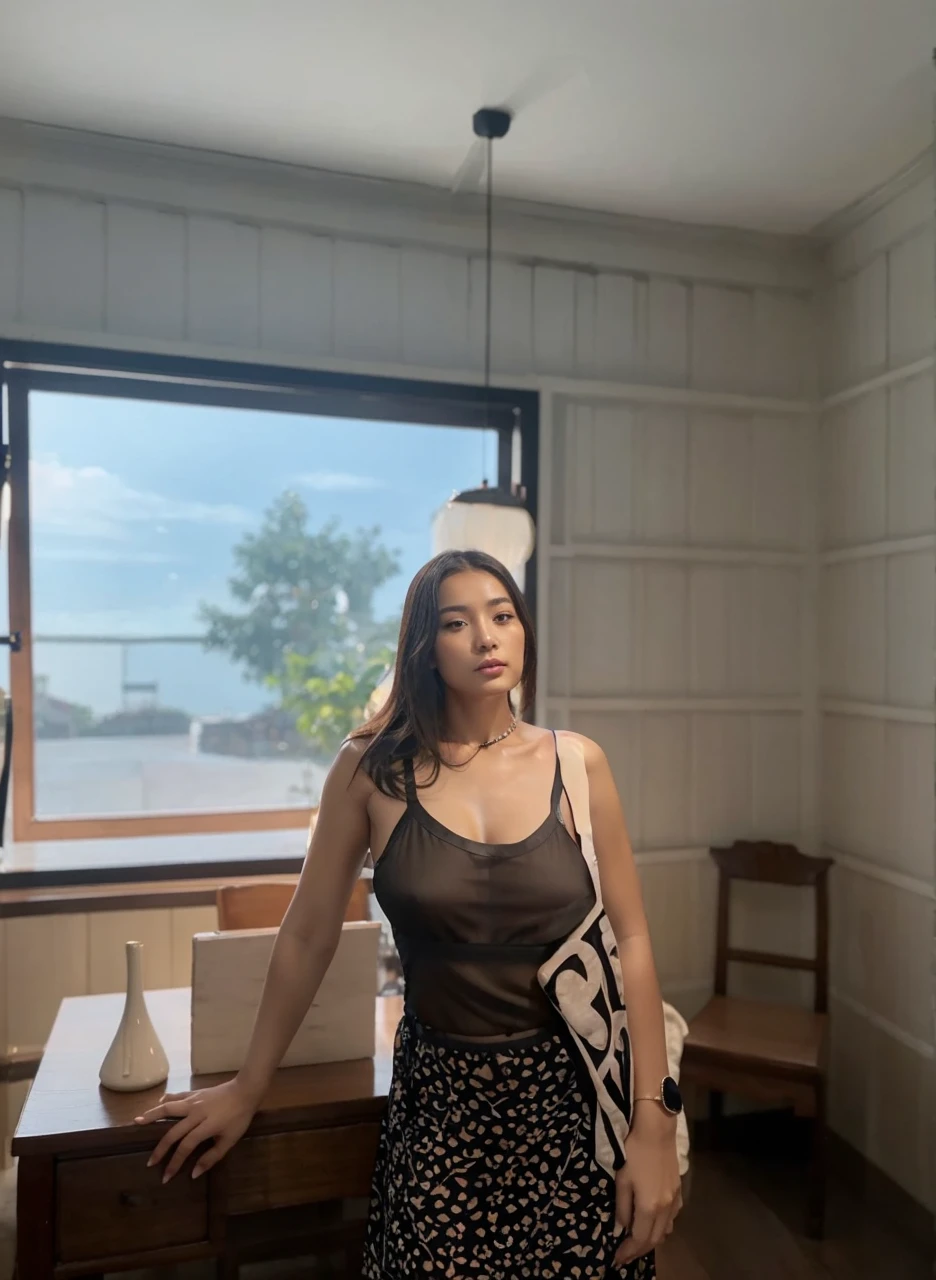 A woman wears a Chinese dress, revealing her legs and legs, black G-string panties, a black bra with a nipple cover.