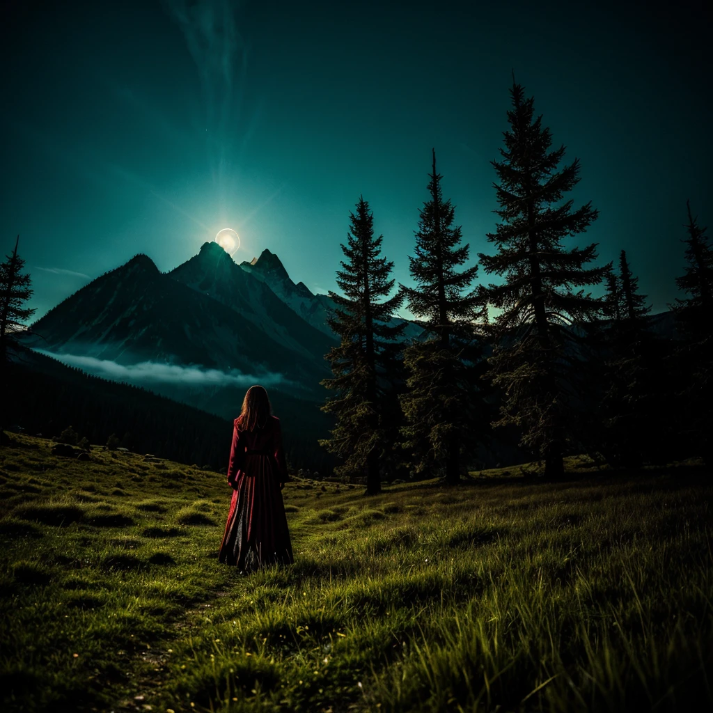 (masterpiece, best quality:1.4), cinematic light, colorful, high contrast, mountain, grass, tree, night, (horror (theme):1.2), (monster:1.2), dark a hot girl