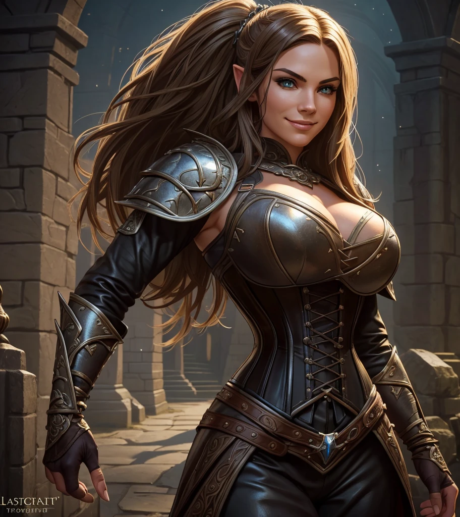 (((Solo character image.))) (((Generate a single character image.))) Dark fantasy art, (((Dark, night time background.))) (((Strong elements of dark medieval fantasy.))) Art style by J Scott Campbell.  (((Charcter looks like Melissa Dettwiller.))) Looks like an exciting, thrilling, female adventurer for Dungeons & Dragons.  Looks like a thrilling female swashbuckler in a fantasy setting.  Single female character portrait, fantasy artwork, fantasy attire, fantasy clothes, (((leather armor))), (((tight corset))), shadowy, athletic body, gymnast body, (((smug smile))), (((action pose))), (((medieval clothing))), arched eyebrows, sassy, (((gorgeous face))), sneaky, sly, attractive, sexy, youthful, (((lusty smile))), (((very sexy and alluring hair))), firm breasts, arrogant, beautiful body, hyper detailed, trending on artstation, (((Dungeons & Dragons))) pathfinder, skyrim, lord of the rings, game of thrones, character portrait, intricate details, ultra detailed, ultra detailed clothes, epic masterpiece, intricate details, trending on Artstation, digital art, unreal engine, 8k, ultra HD, centered image gorgeous face, fantasy artwork, fantasy attire, fantasy adventurer, masterpiece:1.3,madly detailed photo:1.2, hyper-realistic lifelike texture:1.4, picture-perfect:1.0,8k, HQ,best quality:1.0, (masterpiece,fantasy,art, best quality, unreal engine, 8k, ultra HD, centered image, absurdres, best quality:1.0,hyperealistic:1.0,photorealistic:1.0,madly detailed CG unity 8k wallpaper:1.0,masterpiece:1.3,madly detailed photo:1.2, hyper-realistic lifelike texture:1.4, picture-perfect:1.0,8k, HQ,best quality:1.0,