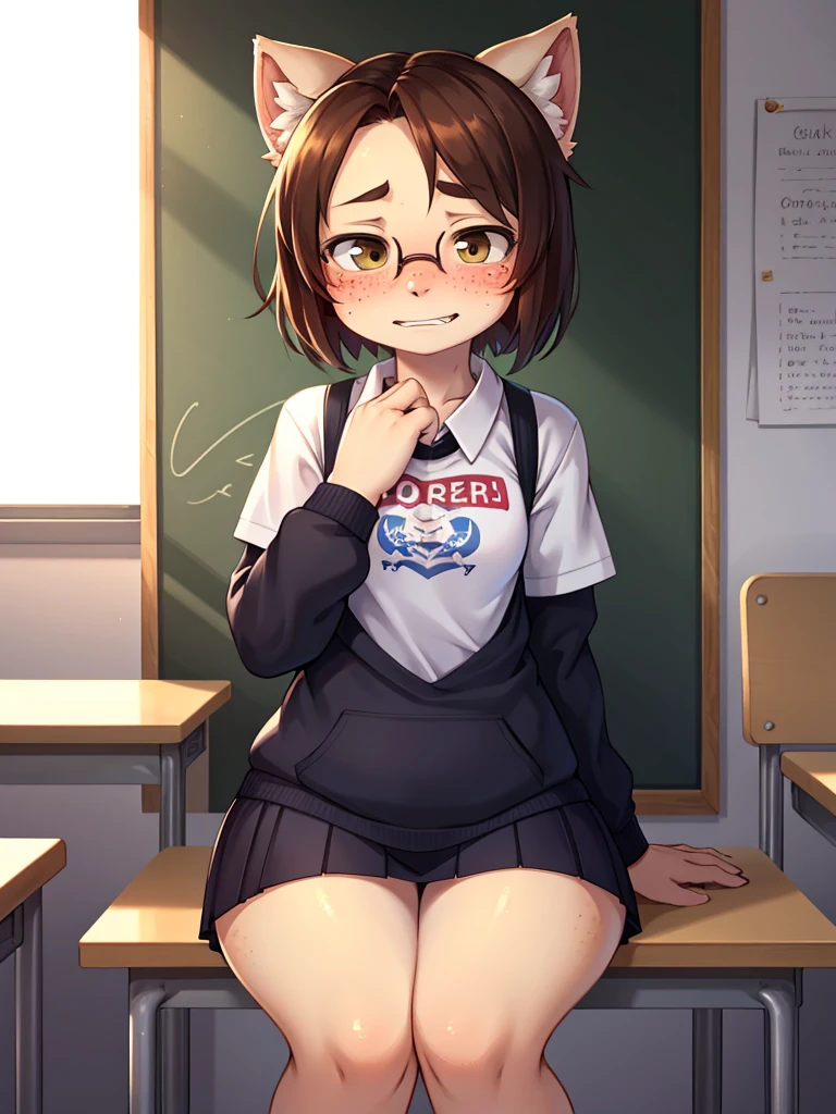 ugly face female , ugly loose body , (Freckles:0.9) , (clothed erotica) , Bad taste clothes , shy geek , school , Is someone like me okay?