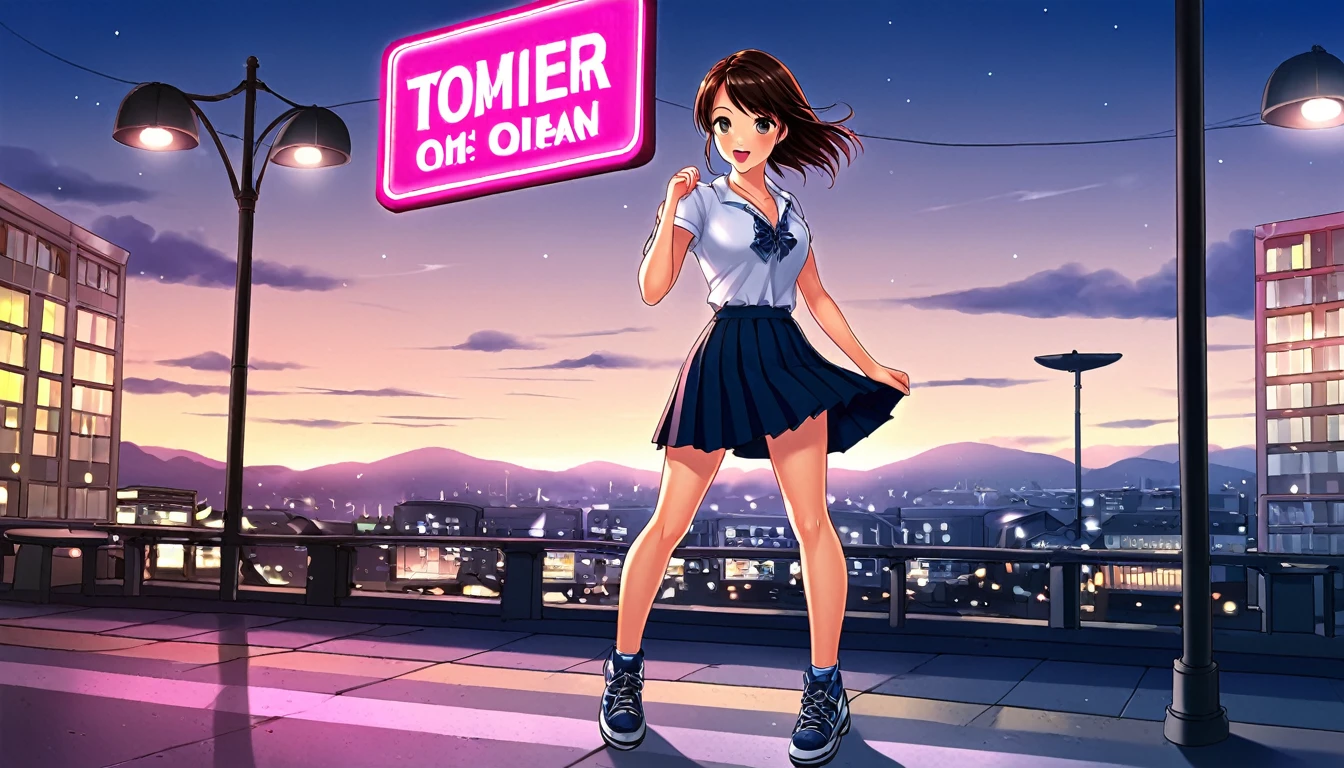 High definition photos. The sky is dark and full of dark clouds. A city full of neon signs on a dark night. There is standing water on the city streets. An 18-year-old girl sits forlornly on her bench. The girl looks at the sky with her face lifted and her chin held high. Her hair blows in the wind. The girl is wearing her pleated skirt and her bb sneakers. A close-range shot of the girl's profile.