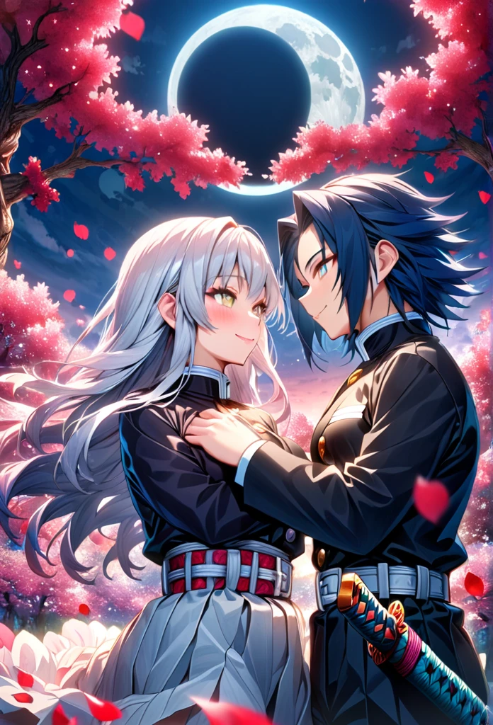 Ultra detailed, highres, absurdres, HDR, master piece, anime girl, pretty woman, white long hair with red streaks, expressive yellow eyes, red haori with patters of blood, black demon slayer uniform, Kimetsu No Yaiba, fantasy, petals, red flowers, pretty, woman grabbing a sword, Tomioka Giyu, Water Hashira, kiss, romance, magic, moon, best quality, extremely detailed face and eyes, love, kissing