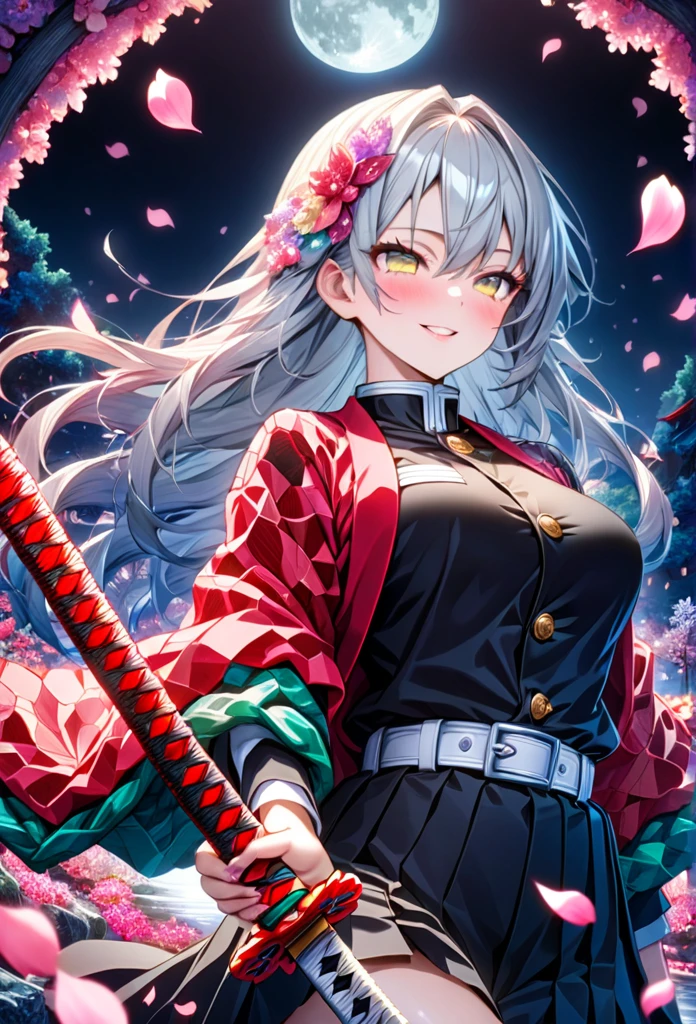 Ultra detailed, highres, absurdres, HDR, master piece, anime girl, pretty woman with white long hair with red streaks, girl with yellow eyes, black demon slayer uniform, Kimetsu No Yaiba, fantasy, petals, red blood power, pretty, Tomioka Giyu, Water Hashira power, training with swords, romance, magic, moon, best quality, extremely detailed face, love, passion, romance, anime, they are really in love and training with katanas, smile