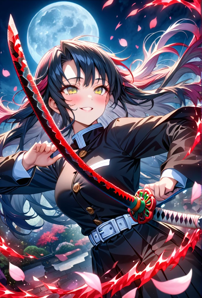Ultra detailed, highres, absurdres, HDR, master piece, anime girl, pretty woman with white long hair with red streaks, girl with yellow eyes, black demon slayer uniform, Kimetsu No Yaiba, fantasy, petals, red blood power, pretty, Tomioka Giyu, Water Hashira power, training with swords, romance, magic, moon, best quality, extremely detailed face, love, passion, romance, anime, they are really in love and training with katanas, smile 
