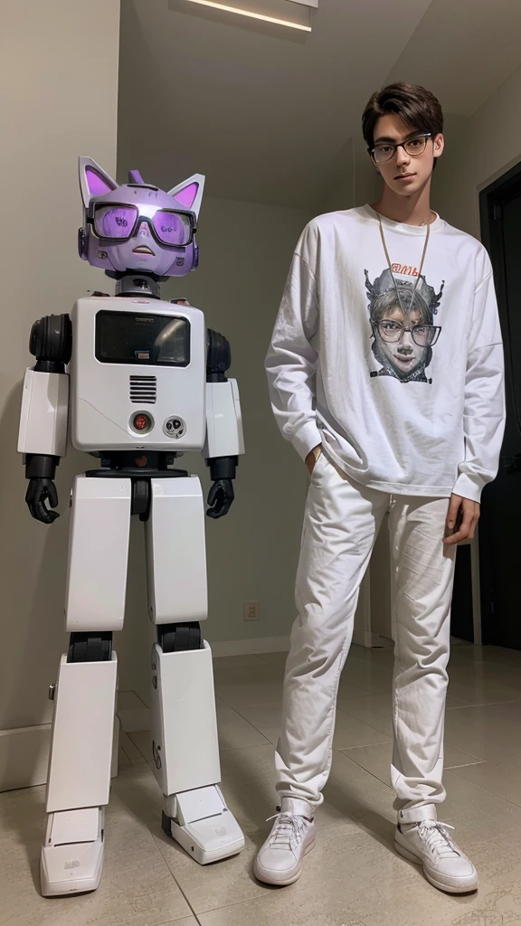 man aged 20, 1,90 tall, Angel Half Demon, wear glasses, purple eye color, offwhite, with a kitten robot next to it, usa um casaco preto com detalhe offwhite com o símbolo ômega