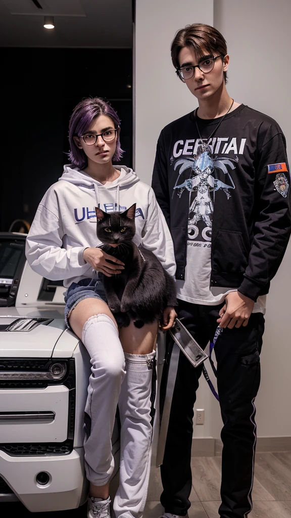 man aged 20, 1,90 tall, Angel Half Demon, wear glasses, purple eye color, offwhite, with a kitten robot next to it, usa um casaco preto com detalhe offwhite com o símbolo ômega