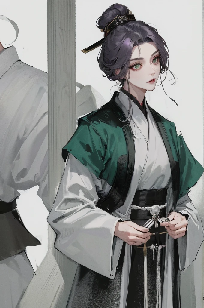 Masterpiece, Best quality, 1 Female, Mature Woman, Elder Sister, Royal Sister, Cold Face, strong, green eyes, short hair, smoky color hair, resolute eyes, simple white Taoist Taoist uniform, black accessories, sarashi, one shoulderancient, On her back he carried a guitar, Chinese mix morden, blank background, remove background