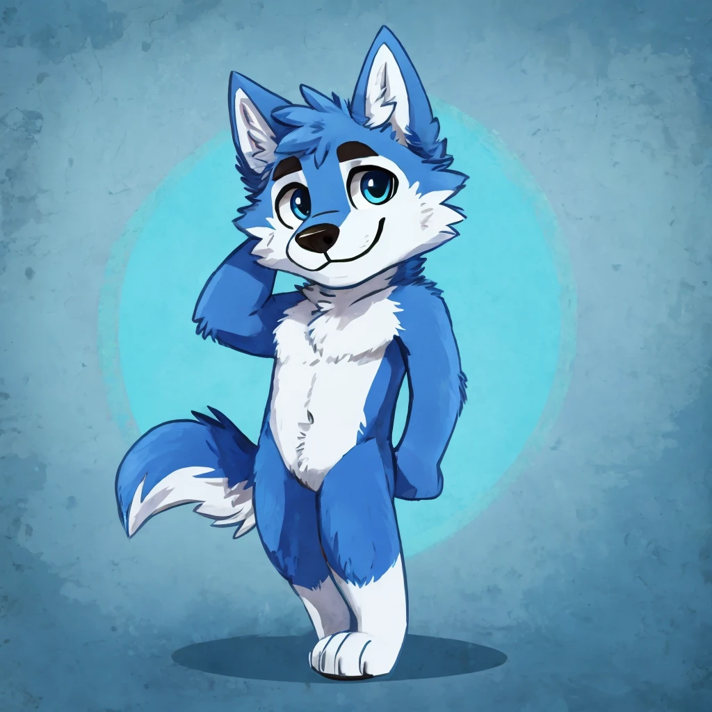 a anthropomorphic blue colored fur wolf, closed smile, high quality furry art, high quality fursona ref.