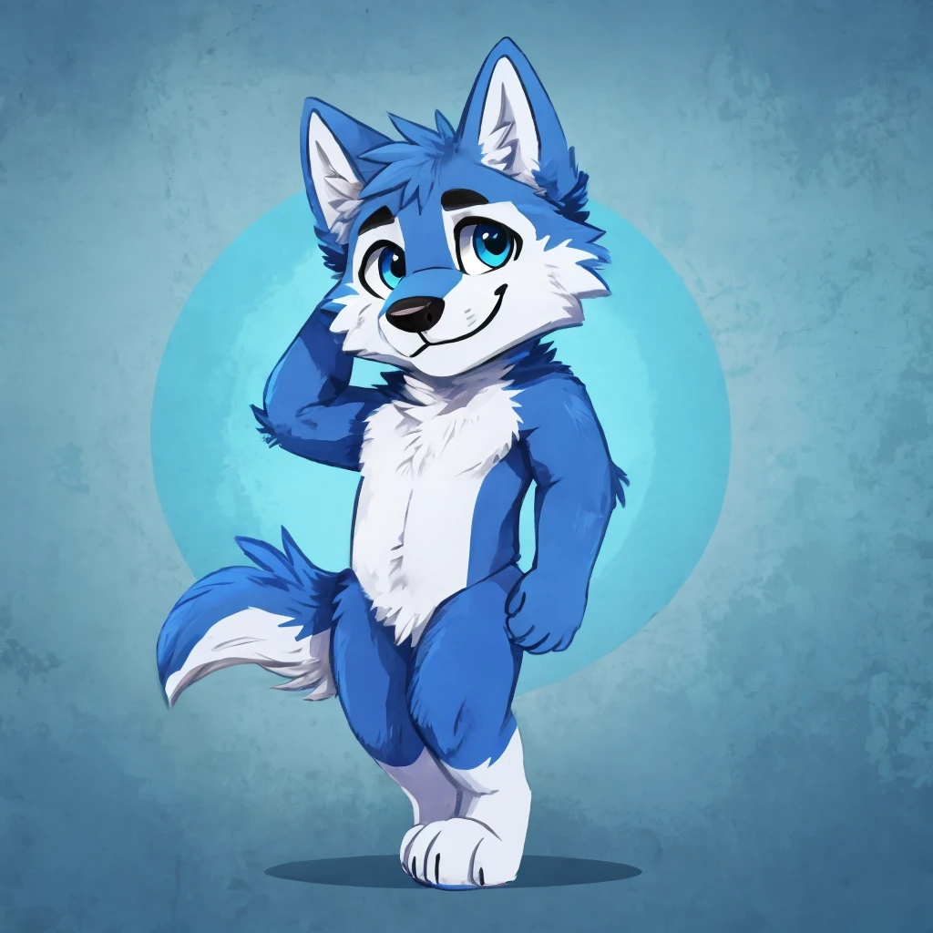 a anthropomorphic blue colored fur wolf, closed smile, high quality furry art, high quality fursona ref.
