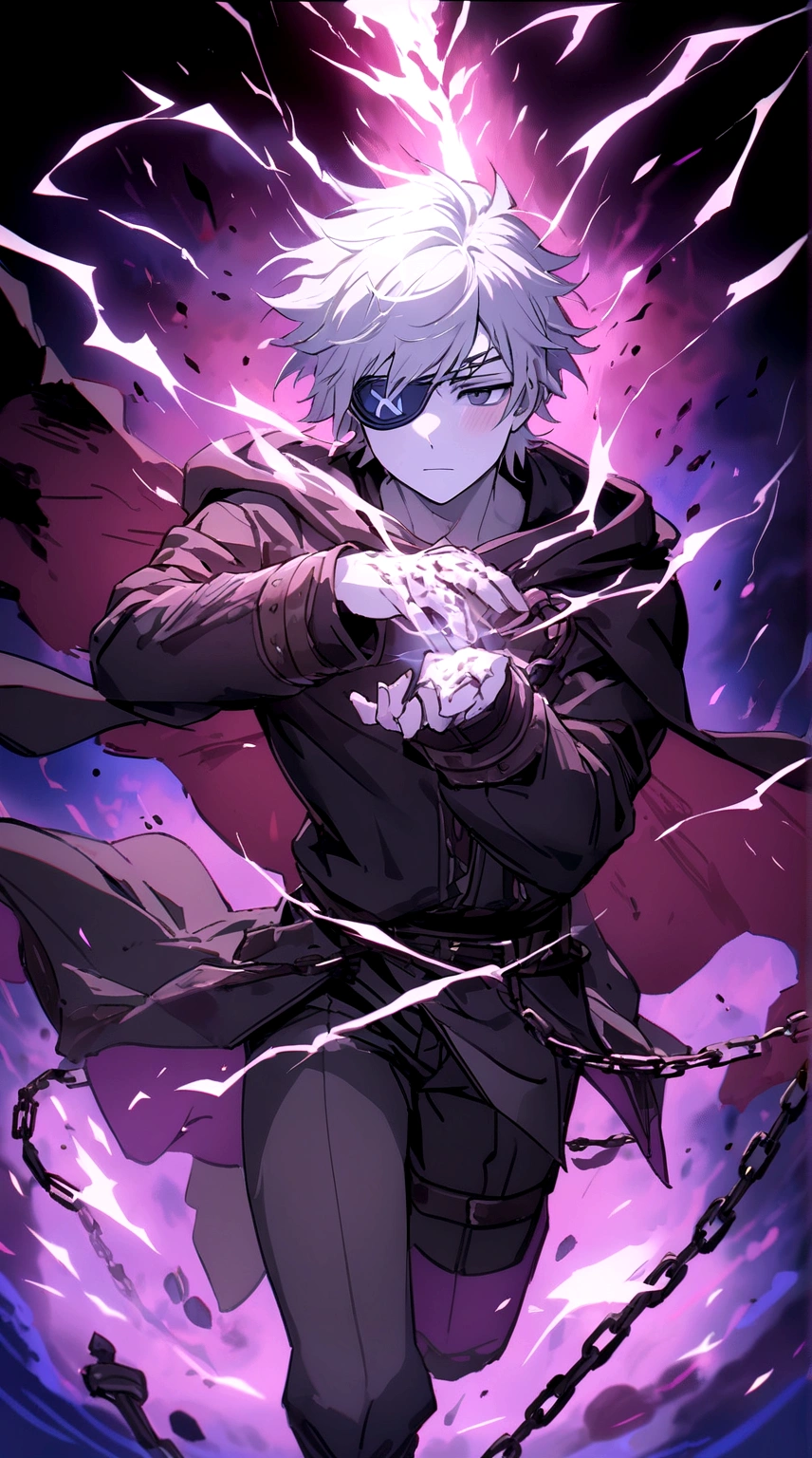 Anime character, a man, medieval era. Young man, 20 years old, large body, cold gaze, cold expression, white skin, short messy gray hair, ponytail, left eye patch, black clothes, black shirt, dark cape with hood, chains. frontal camera. Walking in a sea of blood. Three moons shining high in the sky, purple, red and blue. White electricity emanating from his body, black electricity emanating from his left hand. Right eye shining in a white ray. Thunderous white lightning. (best quality, 4k, 8k, high resolution, masterpiece: 1.2), vibrant, ultra-detailed colors, chiaroscuro lighting, dramatic pose, intricate details, fantasy, mystical, powerful.