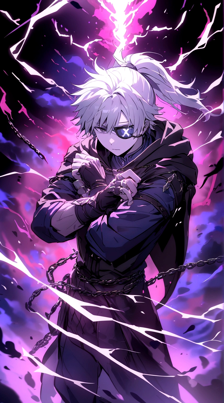 Anime character, a man, medieval era. Young man, 20 years old, large body, cold gaze, cold expression, white skin, short messy gray hair, ponytail, left eye patch, black clothes, black shirt, dark cape with hood, chains. frontal camera. Walking in a sea of blood. Three moons shining high in the sky, purple, red and blue. White electricity emanating from his body, black electricity emanating from his left hand. Right eye shining in a white ray. Thunderous white lightning. (best quality, 4k, 8k, high resolution, masterpiece: 1.2), vibrant, ultra-detailed colors, chiaroscuro lighting, dramatic pose, intricate details, fantasy, mystical, powerful.