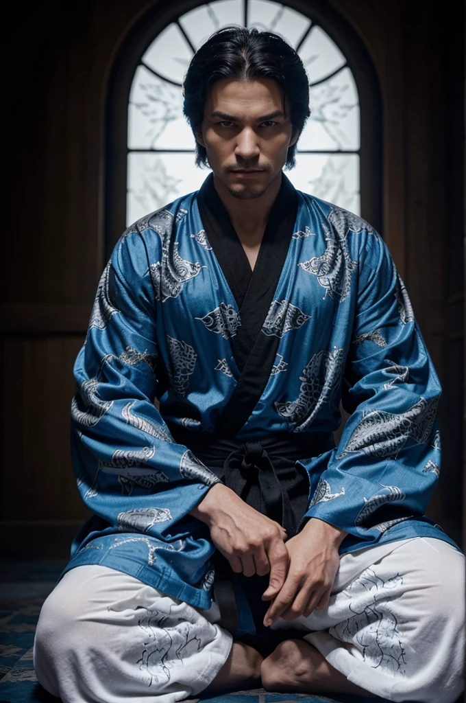 The man wore a black and white robe and had a dragon pattern on his tai chi. , Handsome like a villain,blue eyes,Bright theme , Prince of the family , Sit in the warrior's chair.,Chinese theme , Internal Power , trousers , long coat