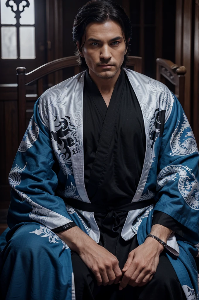 The man wore a black and white robe and had a dragon pattern on his tai chi. , Handsome like a villain,blue eyes,Bright theme , Prince of the family , Sit in the warrior&#39;s chair.,Chinese theme ,   Internal Power , trousers , long coat