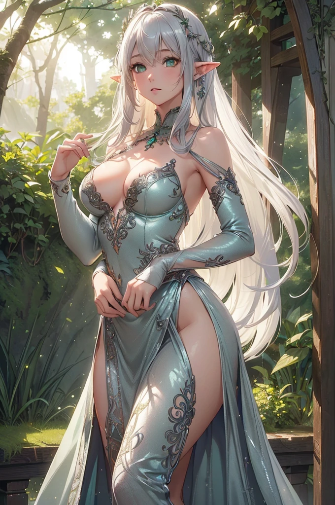 (one girl), ((best quality)), ((load 8K)), (super detailed), (highly detailed CG integrated 8k wallpaper), highly detailed, high resolution RAW color photo, professional photoshoot, (slim athletic body), long flowing silver hair, (mesmerizing green eyes), ethereal beauty, enchanted forest, (elegant elf attire), (intricate silver jewelry), standing, (graceful pose), moonlight casting shadows
