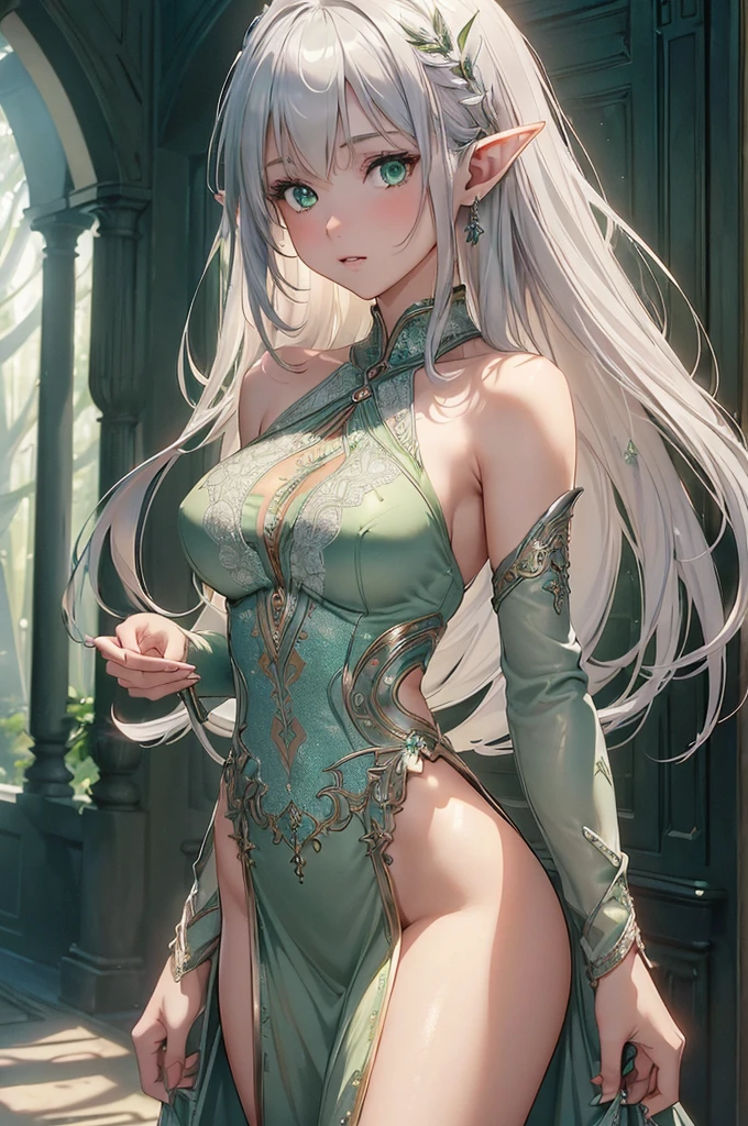 (one girl), ((best quality)), ((load 8K)), (super detailed), (highly detailed CG integrated 8k wallpaper), highly detailed, high resolution RAW color photo, professional photoshoot, (slim athletic body), long flowing silver hair, (mesmerizing green eyes), ethereal beauty, enchanted forest, (elegant elf attire), (intricate silver jewelry), standing, (graceful pose), moonlight casting shadows
