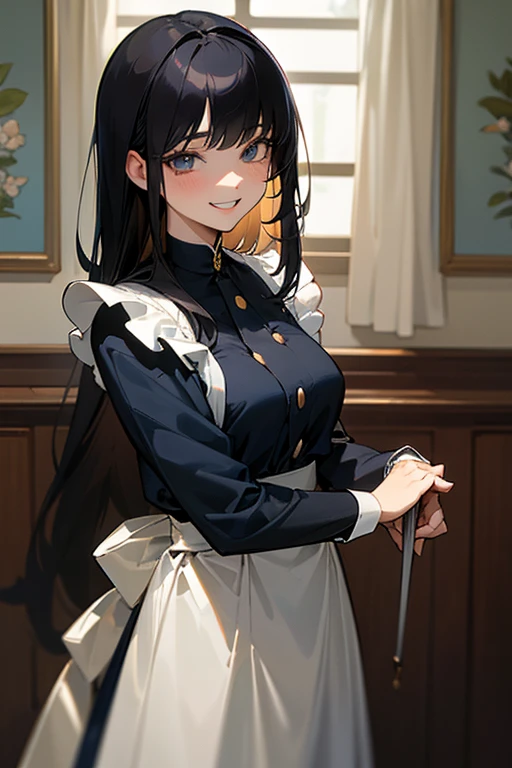 (Highest Resolution, clear_image) Highest quality, One woman, alone, masterpiece, Very detailed, Semi-realistic, Black Hairのショートヘア, Black Hair, bangs, 18-year-old, mature, light blue uniform, uniform, Indoor Background, kind, Authoritative, Powerful, exquisite features, exquisite features、Eyelashes become longer、Showing teeth、smile😀、Maid clothes、woman&#39;Fingers in the、Sleeping on the sofa、Long Hair、Fluttering in the wind、Navy blue clothes、Long Hair、I&#39;Carrying the plate、Long Hair、Laugh gently、Braiding、