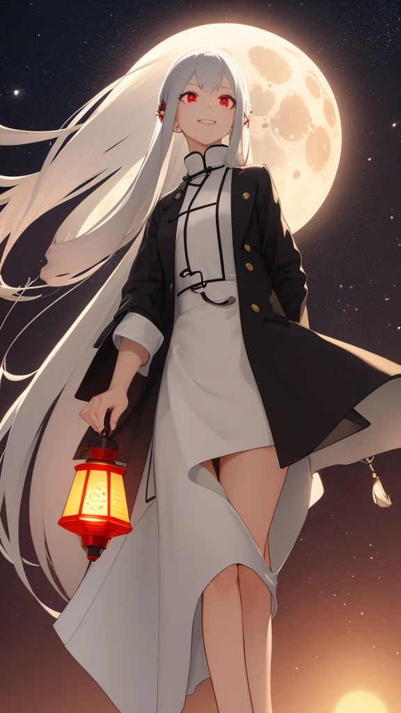 1 tall girl, silver hair, red eyes, white skin, smile, long hair, floating in the air, short jacket, short skirt, holding a lantern, Chinese lantern, night, moon