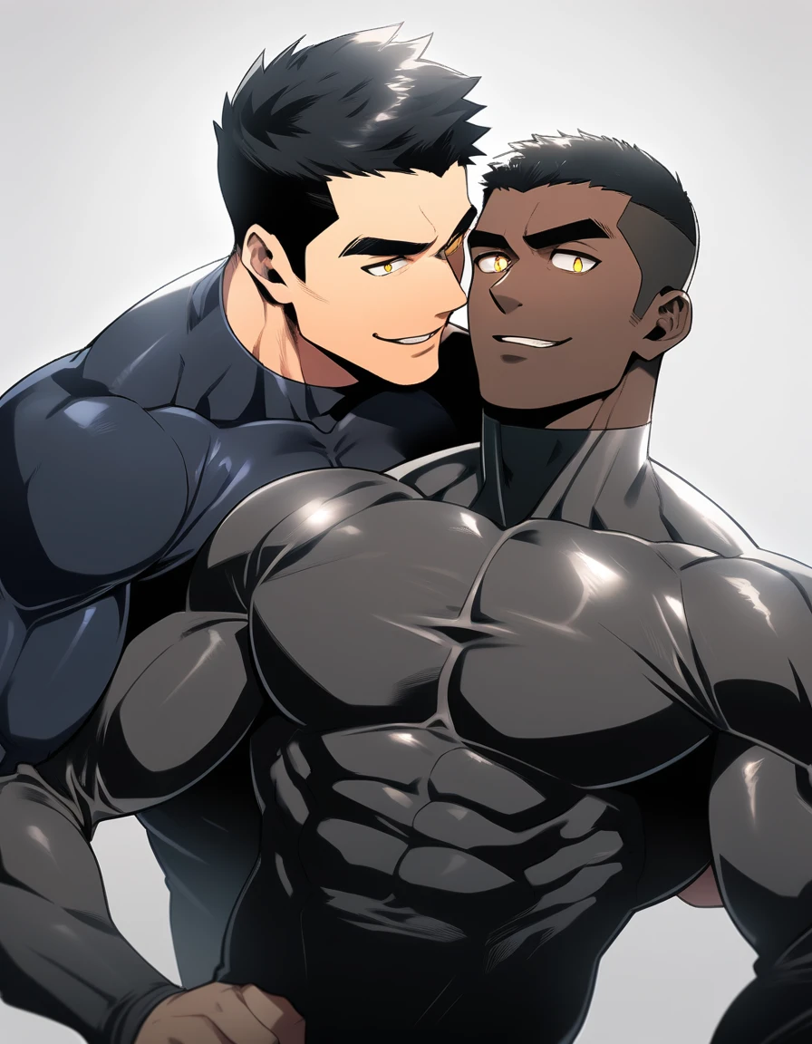 anime characters：Two superheroes in tights, Muscle superhero, negro black skin, They hugged and kissed each other, Bite your neck, Caress, Manliness, male focus, Yellow and black high collar long sleeve tight T-shirt, Slightly transparent material, High gloss, Very tight, Round, full and perky chest muscles, Muscle waist, Slightly transparent, muscular male, muscular, only, Upper body, alone, Black short hair, Thick eyebrows, stubble, Yellow eyes, Grey background, simple background, amazing quality, best aesthetics, Ridiculous, bright pupils, crew cut, parted lips, seductive smile, torogao, naughty face, drop shadow, best quality