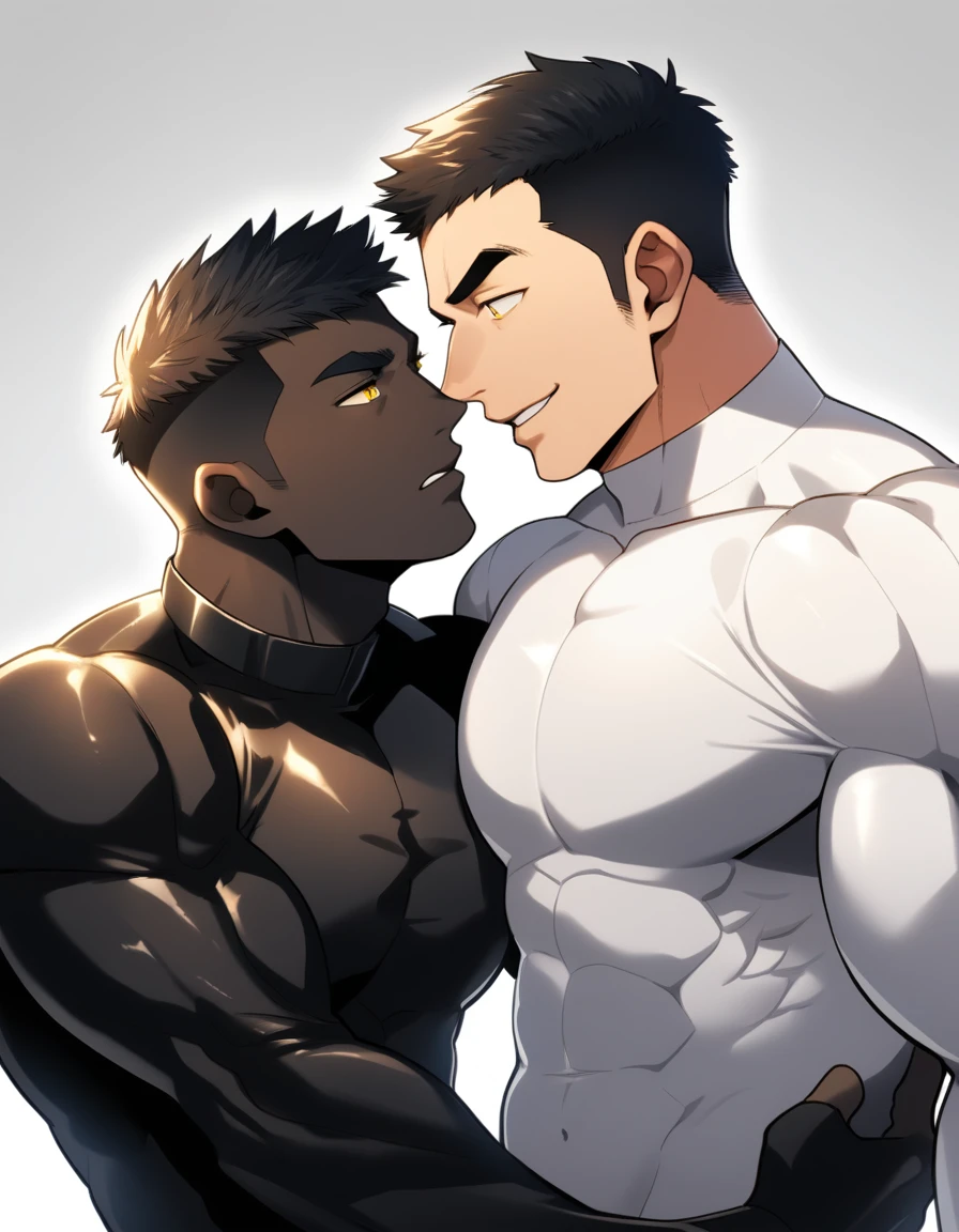anime characters:Two superheroes in tights, Muscle superhero, negro black skin, They hugged and kissed each other, Bite your neck, Caress, Manliness, male focus, Yellow and black high collar long sleeve tight T-shirt, Slightly transparent material, High gloss, Very tight, Round, full and perky chest muscles, Muscle waist, Slightly transparent, muscular male, muscular, only, Upper body, alone, Black short hair, Thick eyebrows, stubble, Yellow eyes, Grey background, simple background, amazing quality, best aesthetics, Ridiculous, bright pupils, crew cut, parted lips, seductive smile, torogao, naughty face, drop shadow, best quality