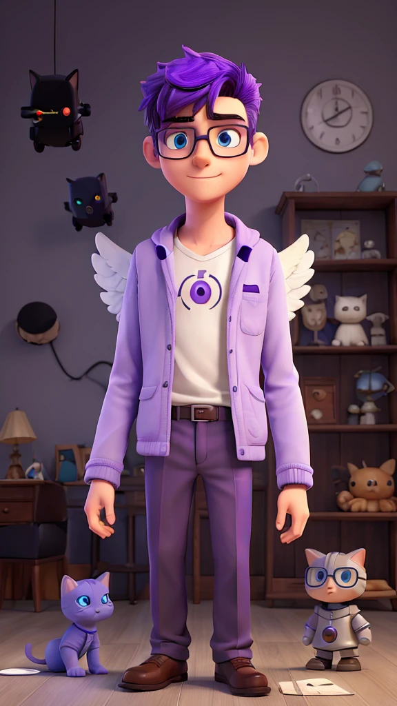 man aged 20, 1,90 tall, Angel Half Demon, wear glasses, purple eye color, offwhite, with a kitten robot next to it, usa um casaco preto com detalhe offwhite com o símbolo ômega