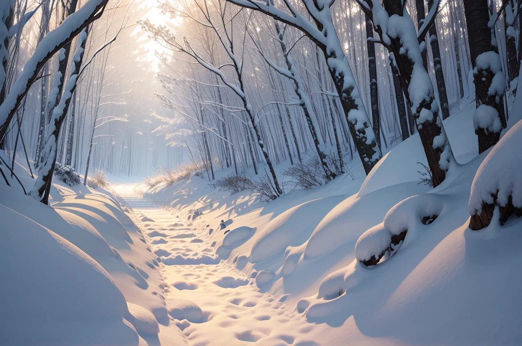 a foot path through the jungle covered in snow, soft light