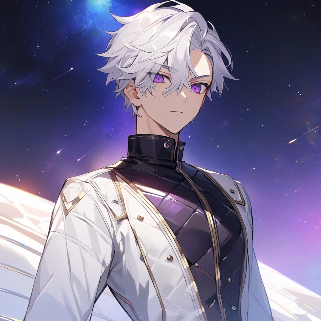 High quality, HD, 4k, no shadows, handsome male, 1male, 17 years old, teenager, golden lining, short white hair, sharp eyes, dark purple eyes, deep purple eyes, devil may cry, close up, calm expression, stoic expression, black leather clothes, white leather clothing, lean body, well trained body, upper body, looking at viewer, cowboy shot, white solar, space background