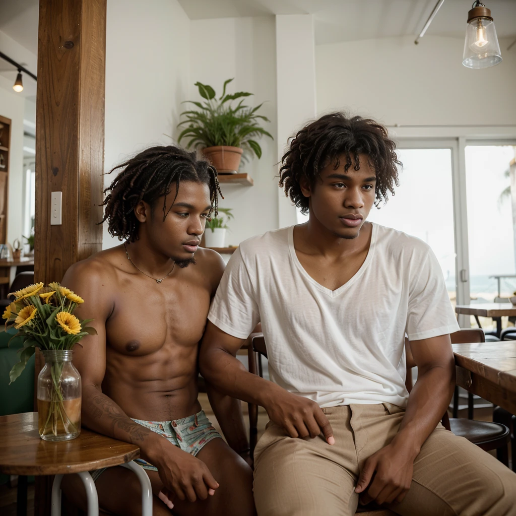 a 25 year old (caribbean) man, curly hair of an american man, confident, masculine, jawline, indoors, looking in the camera, sitting at a cafe, on a date, morning time, brightness, perfect outfit, aromatic atmosphere, flowers
