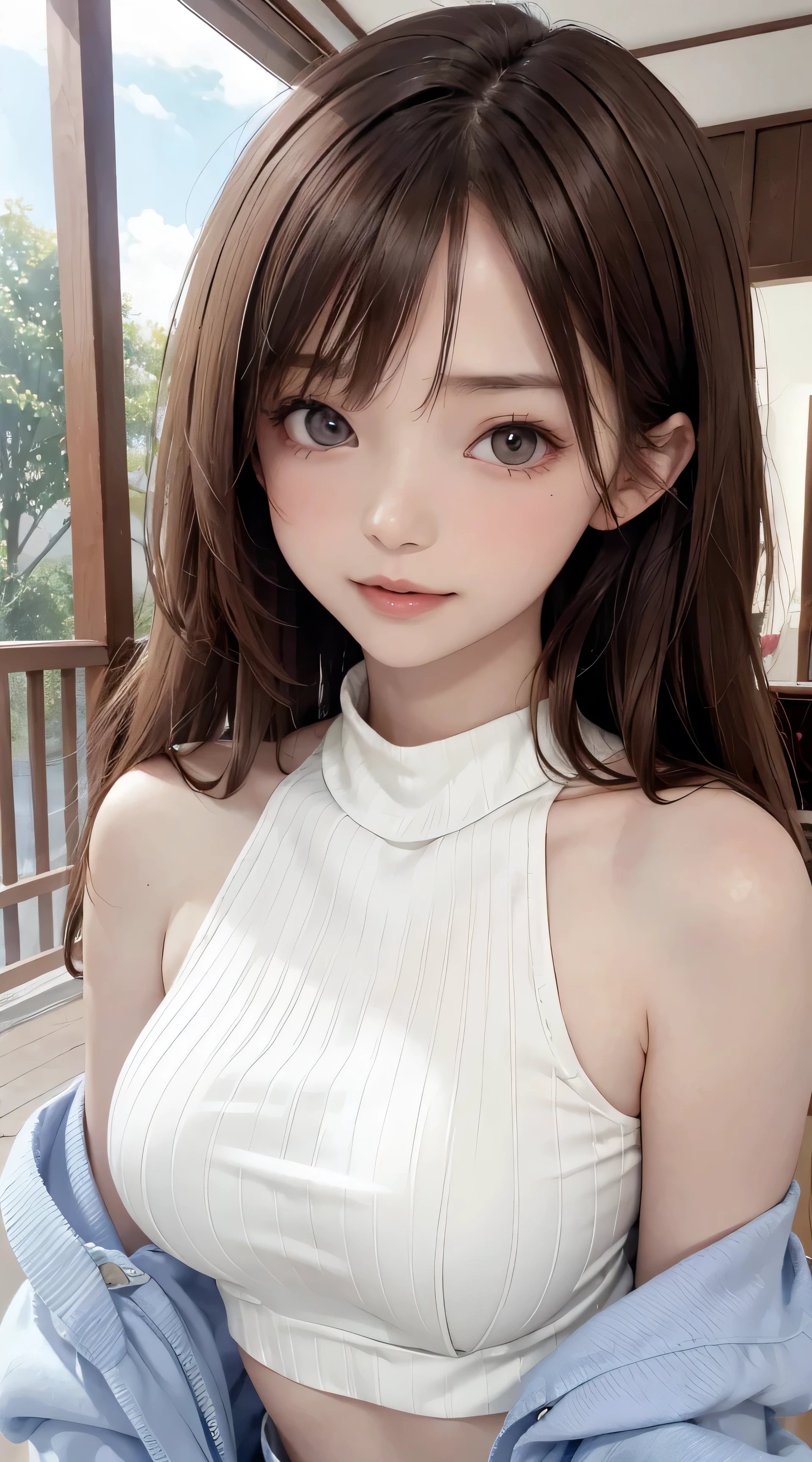 masutepiece, Best Quality, Photorealsitic, finely detail, hight resolution, 8K Wallpapers, Perfect dynamic composition, Beautiful detailed eyes, large full breasts, Random and sexy poses,Bring your chest together、(Very Small Size Mock Neck Crop Tank Top White Knitwear)、(Breast bulge 1.2)、A smile、open open mouth、Resort scenery、20years old、(Drooping eyes 1.4)、Adult beauty、japanese