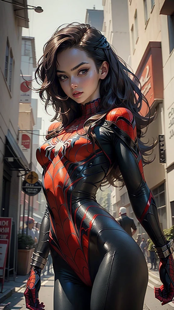 Beautiful woman detailed defined body using spider man cosplay, small breasts