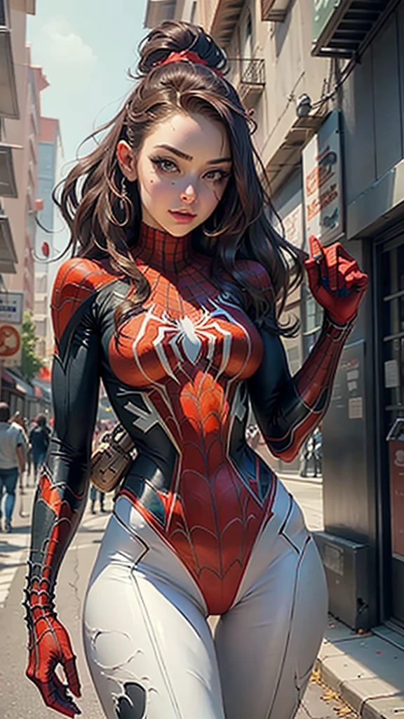 Beautiful woman detailed defined body using spider man cosplay, small breasts