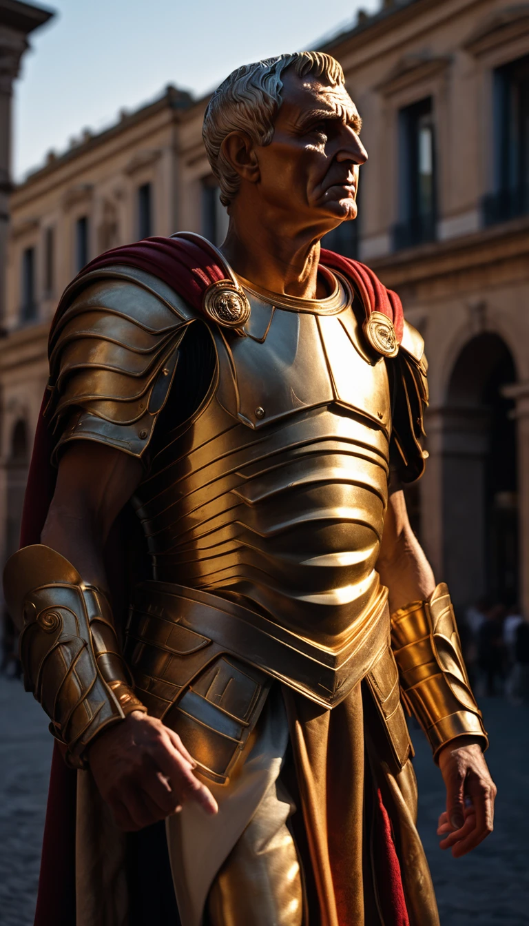 As the sun began to set, The warm golden color of the sun shone on his clothes, Produce an image depicting the moment when Julius Caesar uttered his last words, 'Et tu, Brute, background dark, hyper realistic, ultra detailed hyper realistic, photorealistic, Studio Lighting, reflections, dynamic pose, Cinematic, Color Grading, Photography, Shot on 50mm lens, Ultra-Wide Angle, Depth of Field, hyper-detailed, beautifully color, 8k, golden light from the front,