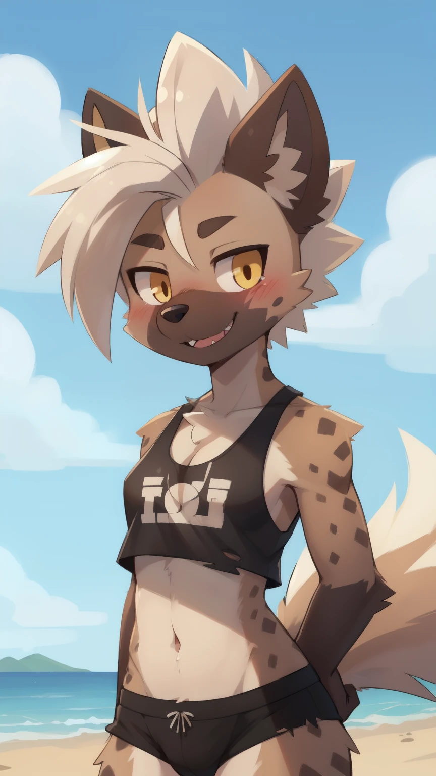 score_9,score_8_up,score_7_up, source_cartoon, source_furry, hyena girl, yellow eyes, hyena tail, white hair, mohawk hairstyle, spiky hair, furry, blush, looking at viewer, sharp teeths, smile, 1girl, hyena ears, furry female, two tone body fur, brown body fur, clear brown body fur, ((black torn tank top, One shouler, midriff, black underwear)), beach, clear sky, uperbody 