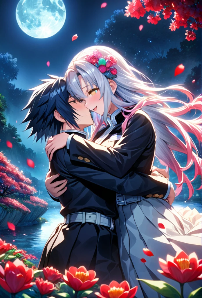 Ultra detailed, highres, absurdres, HDR, master piece, anime girl, pretty woman with white long hair with red streaks, girl with yellow eyes, black demon slayer uniform, Kimetsu No Yaiba, fantasy, petals, red flowers, pretty, Tomioka Giyu, Water Hashira, huging, romance, magic, moon, best quality, extremely detailed face, love, passion, romance, anime, they are realy in love, smile, laugh
