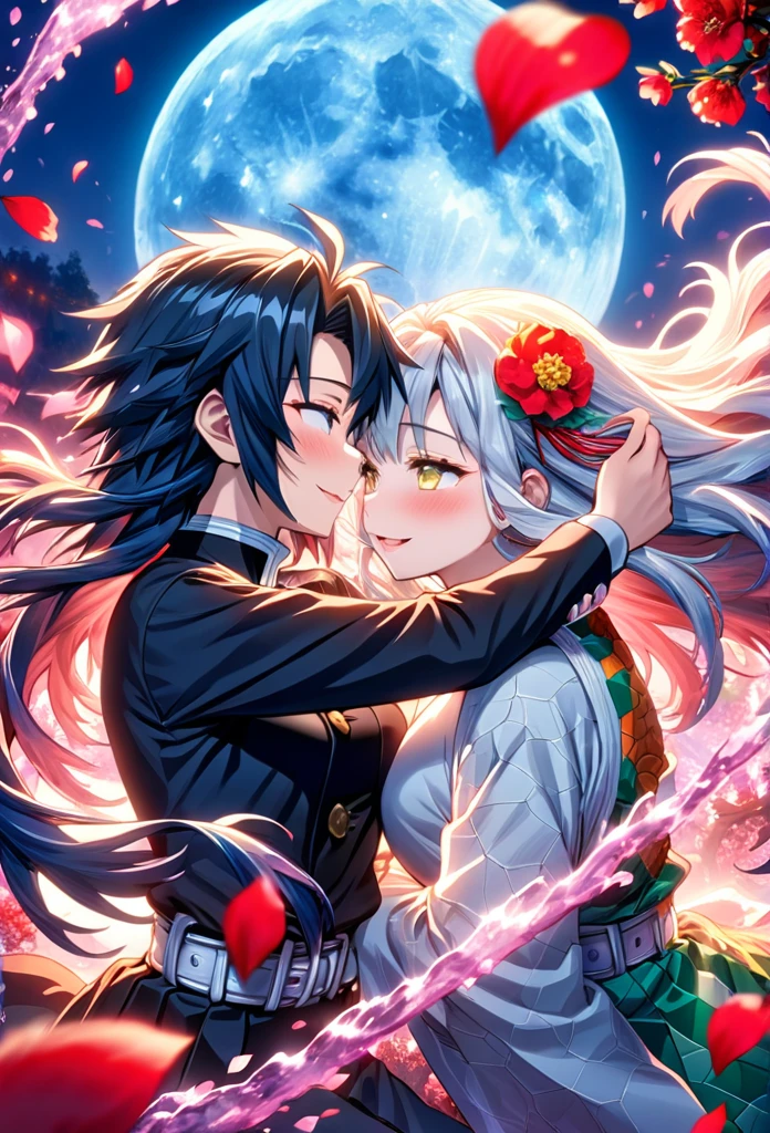 Ultra detailed, highres, absurdres, HDR, master piece, anime girl, pretty woman with white long hair with red streaks, girl with yellow eyes, black demon slayer uniform, Kimetsu No Yaiba, fantasy, petals, red flowers, pretty, Tomioka Giyu, Water Hashira, huging, romance, magic, moon, best quality, extremely detailed face, love, passion, romance, anime, they are realy in love, smile, laugh