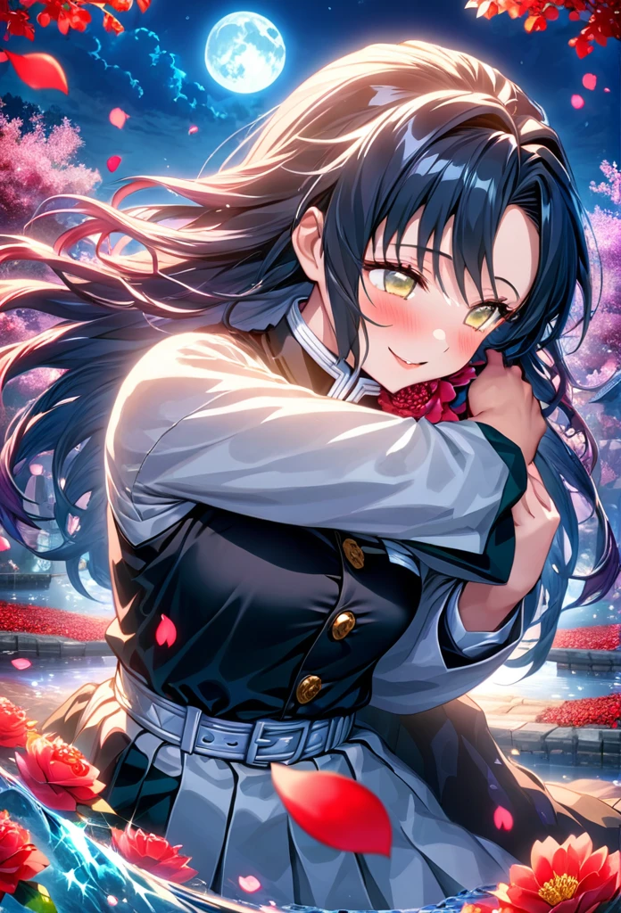 Ultra detailed, highres, absurdres, HDR, master piece, anime girl, pretty woman with white long hair with red streaks, girl with yellow eyes, black demon slayer uniform, Kimetsu No Yaiba, fantasy, petals, red flowers, pretty, Tomioka Giyu, Water Hashira, huging, romance, magic, moon, best quality, extremely detailed face, love, passion, romance, anime, they are realy in love, smile, laugh