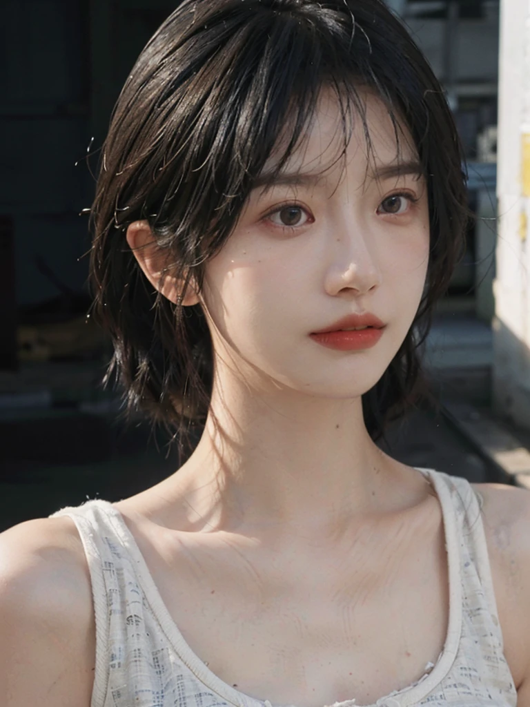 (Skin details:1.4), (smooth skin textures:1.3), Lipstick, background,海滩background， Direct vision, earrings, serene, calm, (Realistic and detailed eyes：1.2）, Natural skin texture, Realistic facial details, Soft dramatic lighting, Vivid details, 35 mm film, outdoor, (Photo Practical:1.4), (hyper Practical:1.4), (Practical:1.3), (Smoother lighting:1.05), (Improve lighting quality:0.9), (Highest quality real skin textures:1.4), Exquisite eyes, Delicate face, Close-up of face, (Enhance the beauty of skin texture:1.1), Hair details, Vest，normal body ratio, short hair, Moles under the eyes, thinking, A faint smile,公园background，Portrait Photography, Depth of Field, Bokeh, Surrealism, Ray Tracing, (Portrait Photography:1.1), Surrealism, High Detail, Chiaroscuro, Ray Tracing, reflected light, Ultra HD, Ultra HD, masterpiece, Textured Skin, Super Detail, High Detail, high quality, best quality